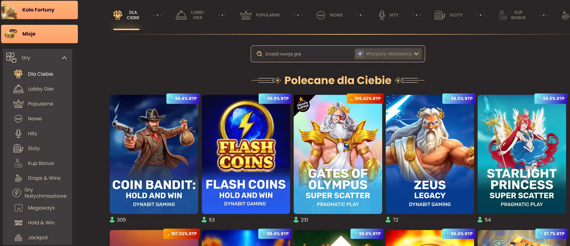 Lobby National Casino z kategoriami, wyszukiwaniem, rekomendacjami i aktualnymi wartościami RTP